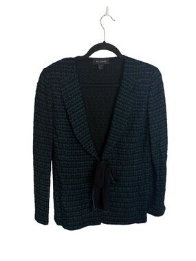 St. John Black and Teal Wool Textured Knit Tie Front Jacket